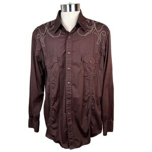 Rock & Roll Cowboy Mens XL Brown Embroidered Pearl Snap Western Shirt B2S3027